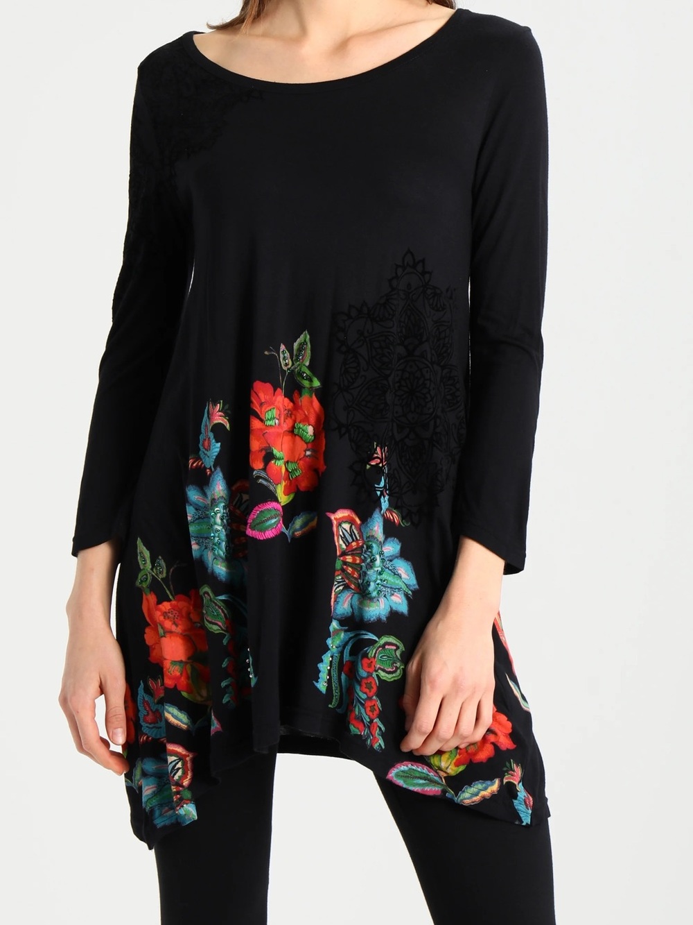 Desigual Black Floral-Print Long Sleeve Tunic Top NWT XL Artsy Colorful Teacher